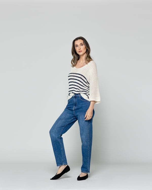 Sweater Wilmary Escote Redondo Mangas 3/4 Rayas Azul Lineatre