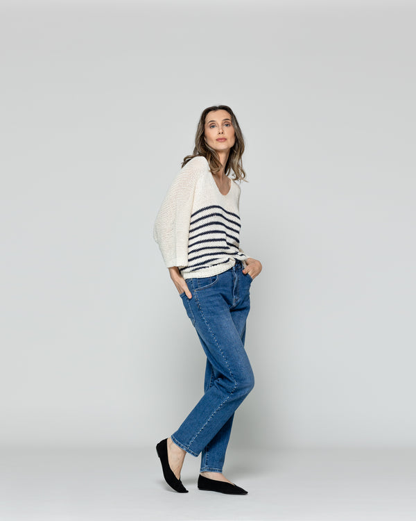 Sweater Wilmary Escote Redondo Mangas 3/4 Rayas Azul Lineatre