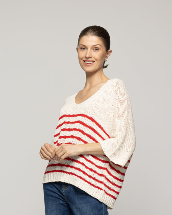 Sweater Wilmary Escote Redondo  Mangas 3/4 Rayas Rojo Lineatre