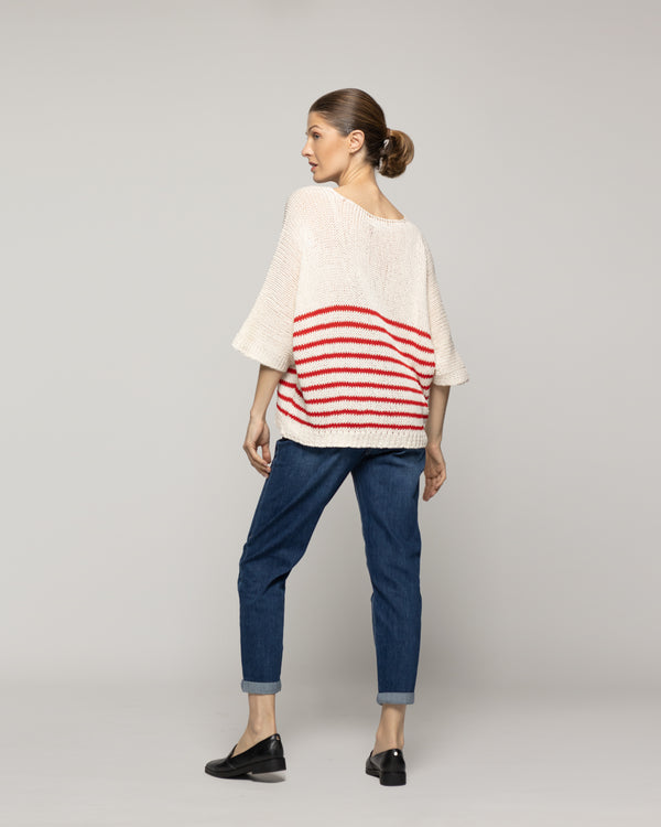 Sweater Wilmary Escote Redondo  Mangas 3/4 Rayas Rojo Lineatre