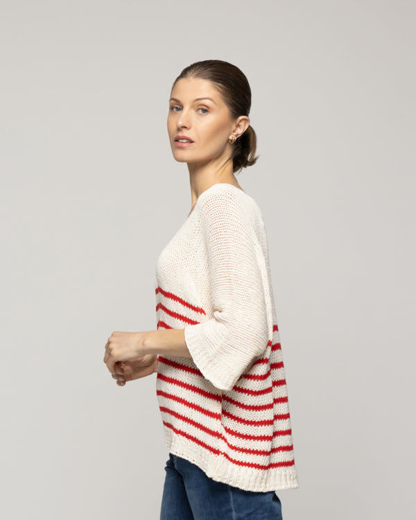 Sweater Wilmary Escote Redondo  Mangas 3/4 Rayas Rojo Lineatre