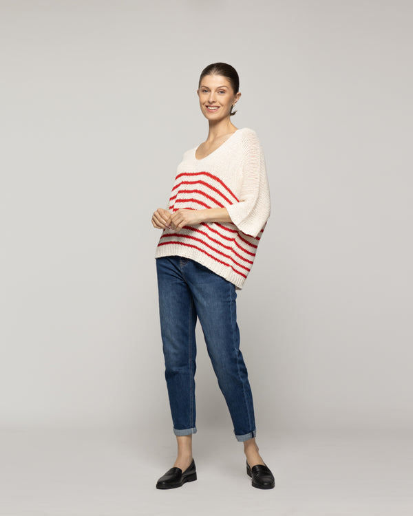 Sweater Wilmary Escote Redondo  Mangas 3/4 Rayas Rojo Lineatre