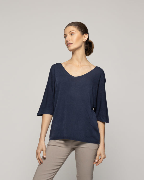 Sweater Mujer Winona Cuello V Manga 3/4 Azul Lineatre