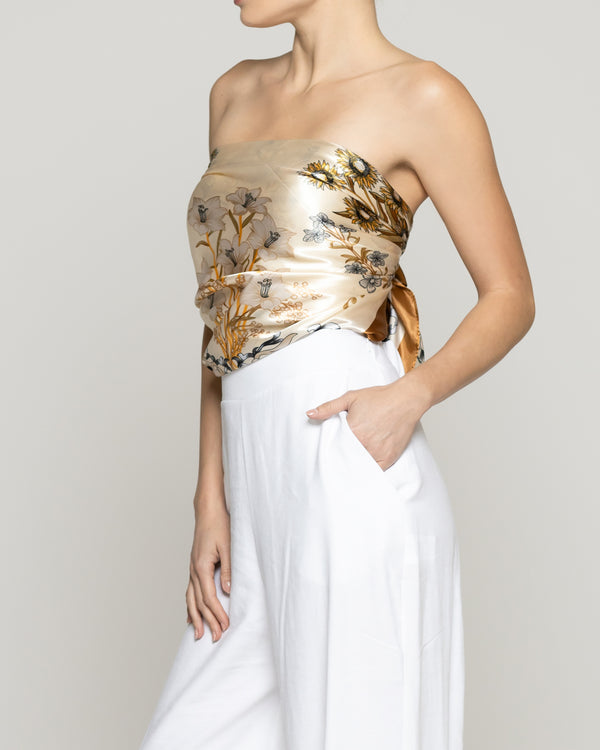 Pañuelo Mujer Satinado Estampado Flores Beige Lineatre