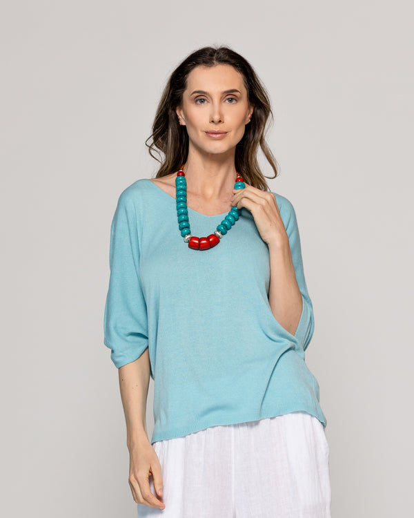 Collar Mujer Cuentas Grandes Naranja Y Verde Turquesa Lieneatre