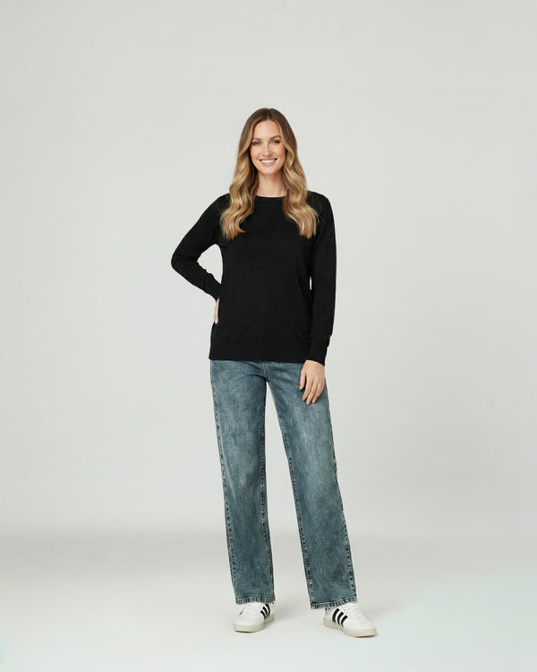 Sweater Mujer Marcela Relaxed Fit Cuello Redondo Manga Caída  Negro Lineatre