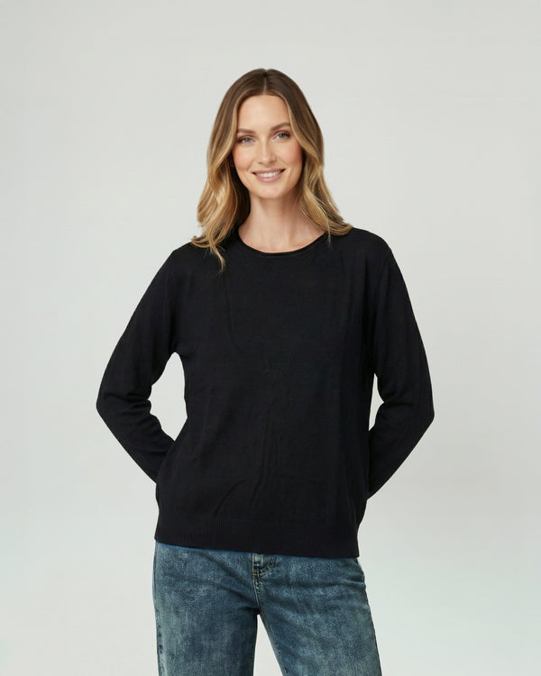 Sweater Mujer Marcela Relaxed Fit Cuello Redondo Manga Caída  Negro Lineatre