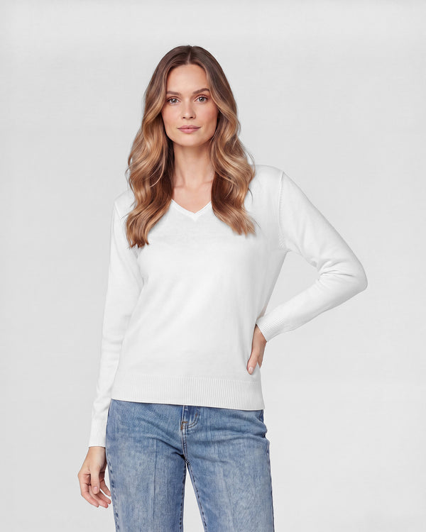 Sweater Mujer Ignacia Regular Fit Cuello En V Manga Caída Blanco Lineatre