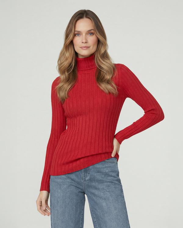 Sweater Mujer Josefa Slim Fit Cuello Alto Redondo Manga Ajustada Rojo Lineatre