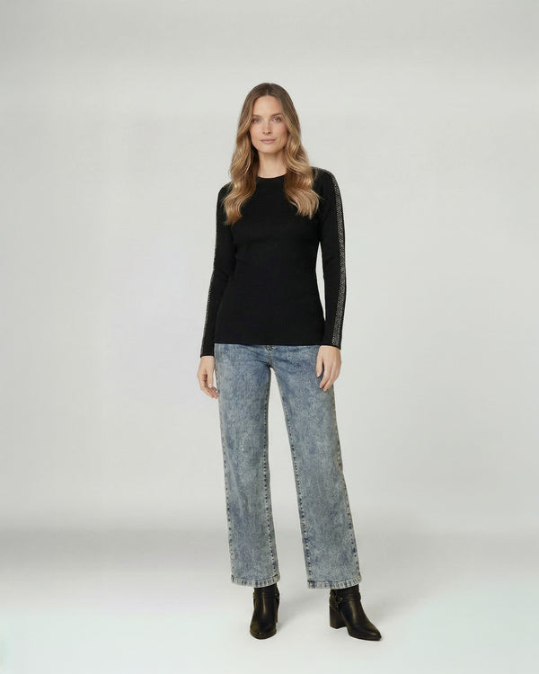 Sweater Mujer Giuliana Slim Fit Cuello Redondo Manga Caída Negro Lineatre