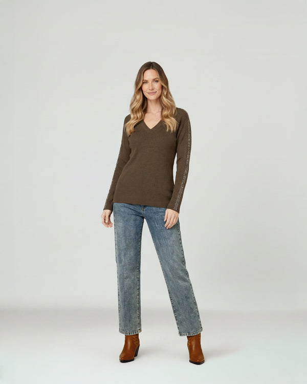 Sweater Mujer Ornella Relaxed Cuello En V Manga Caída Chocolate Lineatre