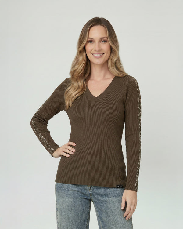 Sweater Mujer Ornella Relaxed Cuello En V Manga Caída Chocolate Lineatre