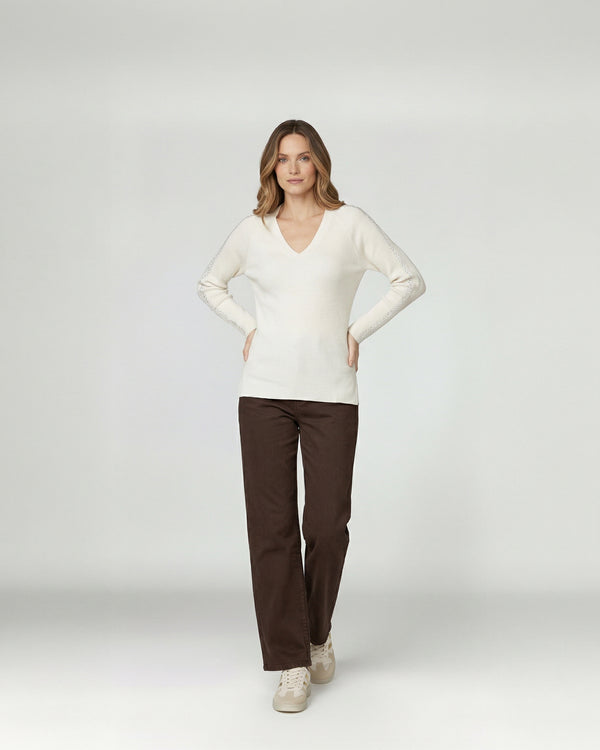 Sweater Mujer Ornella Relaxed Cuello En V Manga Caída Crudo Lineatre