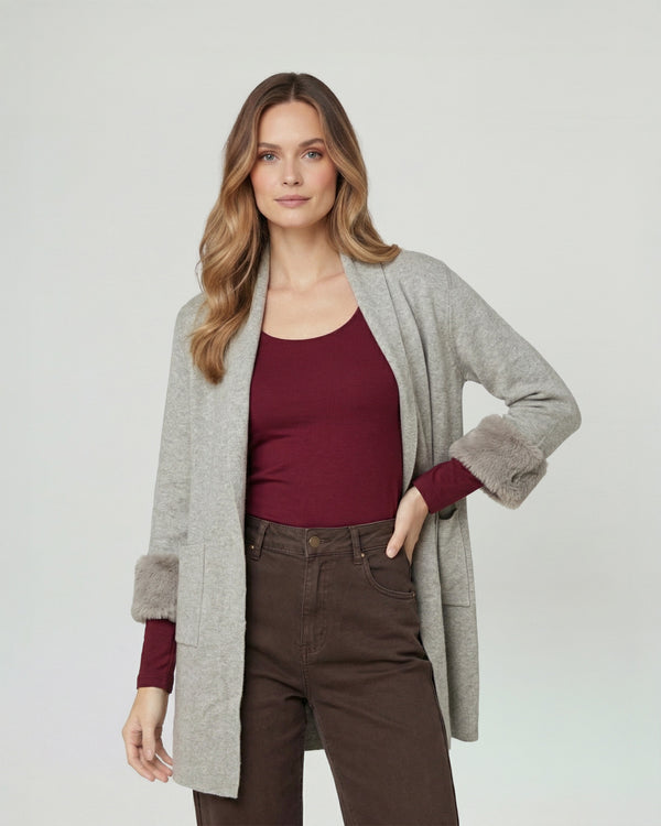 Cardigan Mujer Renata Relaxed Cuello Con Solapa Manga Acampanada Fango Lineatre