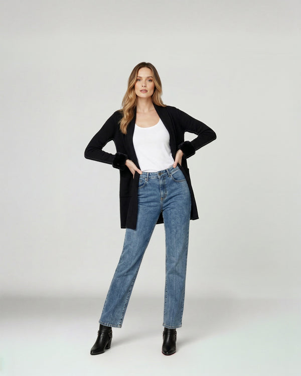 Cardigan Mujer Renata Relaxed Cuello Con Solapa Manga Acampanada Negro Lineatre