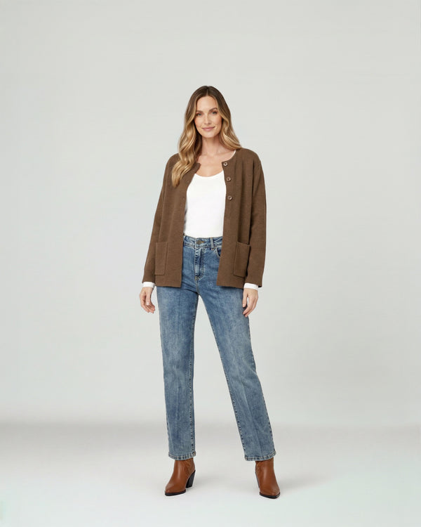 Cardigan Mujer Fiorella Relaxed Cuello Con Solapa Manga Suelta Chocolate Lineatre