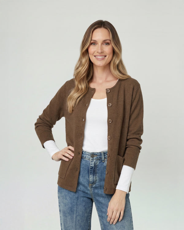 Cardigan Mujer Fiorella Relaxed Cuello Con Solapa Manga Suelta Chocolate Lineatre