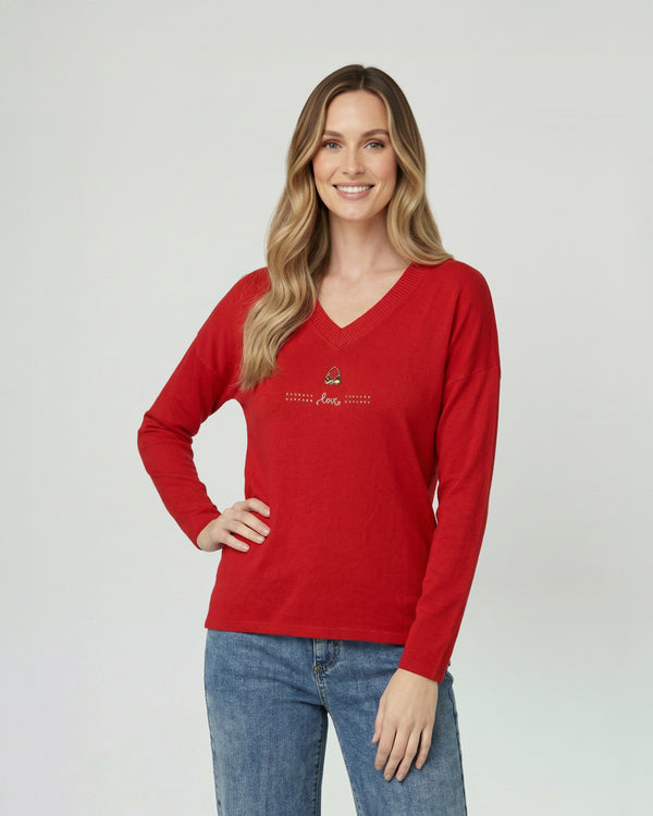 Sweater Mujer Olivia Relaxed Cuello En V Manga Caída Rojo Lineatre