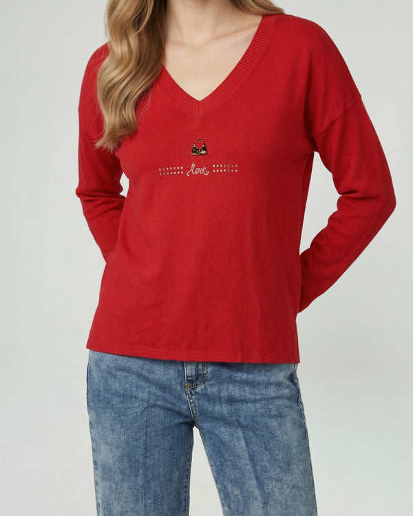 Sweater Mujer Olivia Relaxed Cuello En V Manga Caída Rojo Lineatre