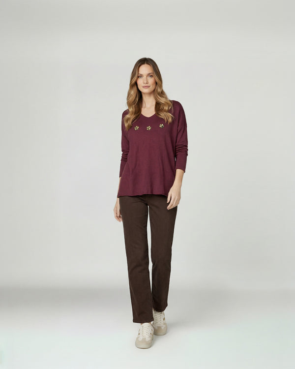 Sweater Mujer Elena Relaxed Cuello Redondo Manga Caída Vino Lineatre