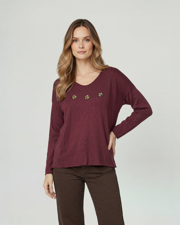 Sweater Mujer Elena Relaxed Cuello Redondo Manga Caída Vino Lineatre