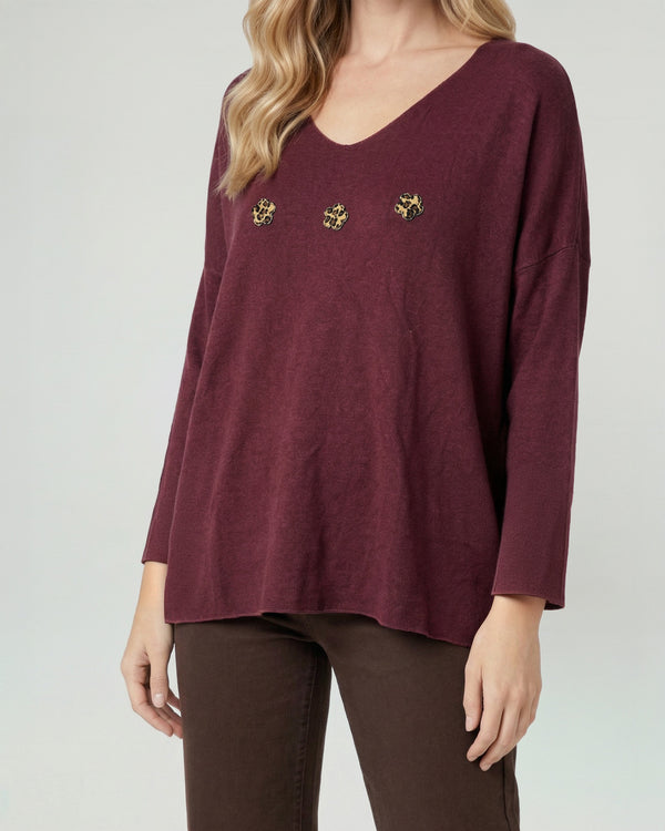 Sweater Mujer Elena Relaxed Cuello Redondo Manga Caída Vino Lineatre