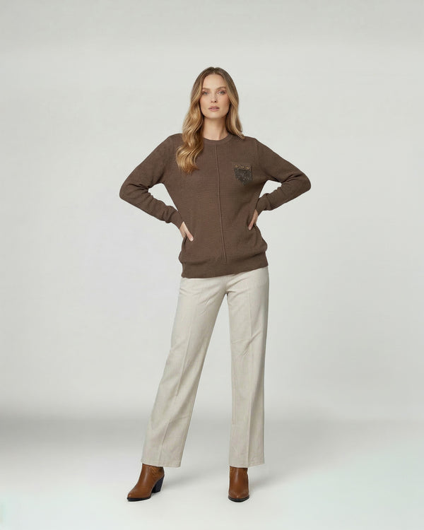 Sweater Mujer Renata Relaxed Cuello Redondo Manga Caída Chocolate Lineatre