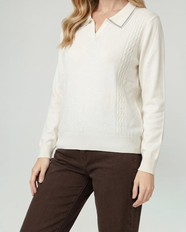 Sweater Mujer Luciana Relaxed Cuello En V Tipo Camisa Manga Caída Blanco Lineatre