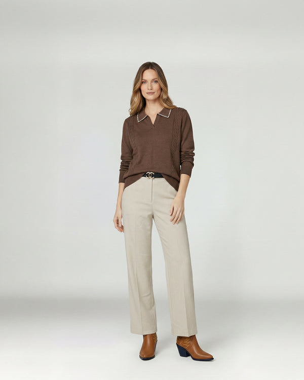 Sweater Mujer Luciana Relaxed Cuello En V Tipo Camisa Manga Caída Chocolate Lineatre