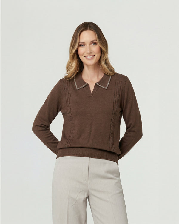 Sweater Mujer Luciana Relaxed Cuello En V Tipo Camisa Manga Caída Chocolate Lineatre