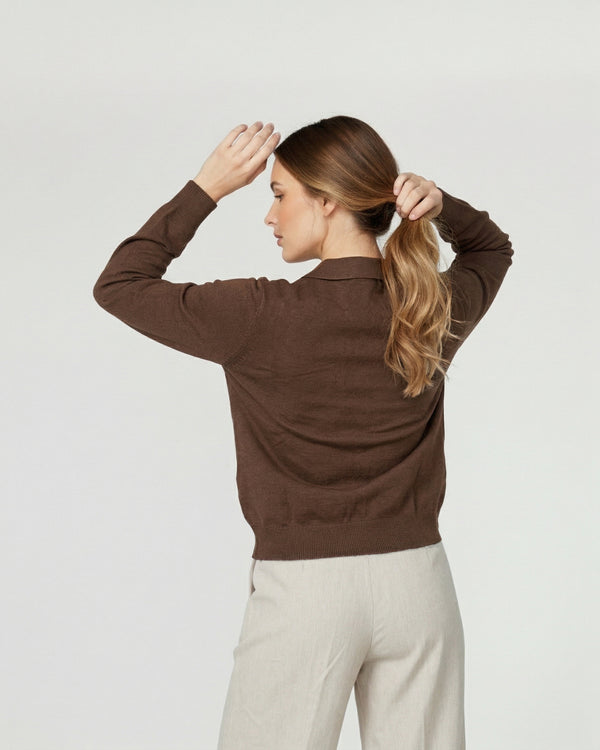 Sweater Mujer Luciana Relaxed Cuello En V Tipo Camisa Manga Caída Chocolate Lineatre