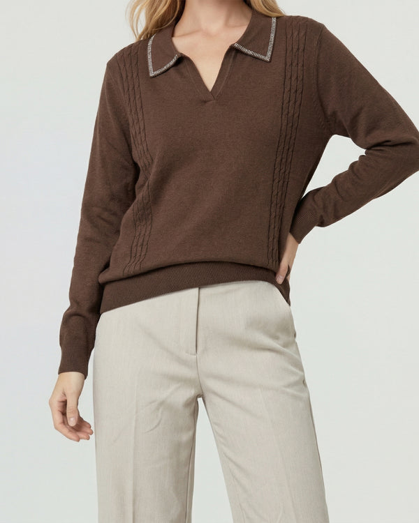 Sweater Mujer Luciana Relaxed Cuello En V Tipo Camisa Manga Caída Chocolate Lineatre