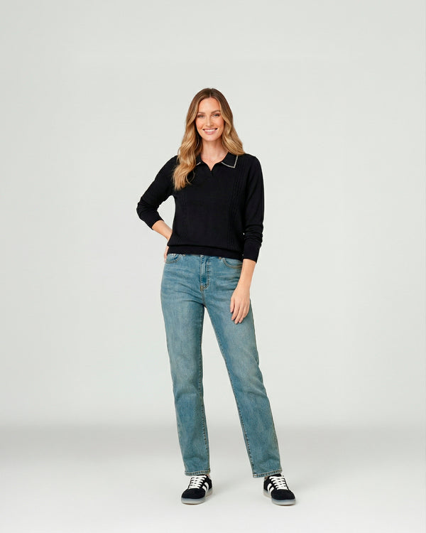 Sweater Mujer Luciana Relaxed Cuello En V Tipo Camisa Manga Caída Negro Lineatre