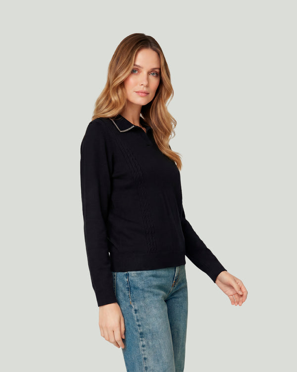Sweater Mujer Luciana Relaxed Cuello En V Tipo Camisa Manga Caída Negro Lineatre