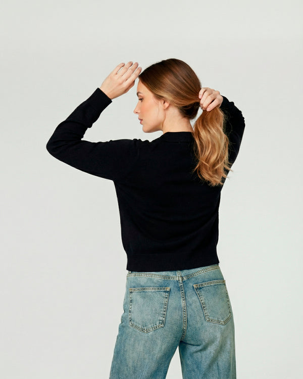 Sweater Mujer Luciana Relaxed Cuello En V Tipo Camisa Manga Caída Negro Lineatre